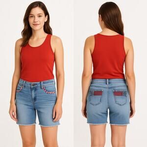 2/$30 Earl Jean Embroidered American Rhinestone Cut-Off Shorts Denim Womens 14